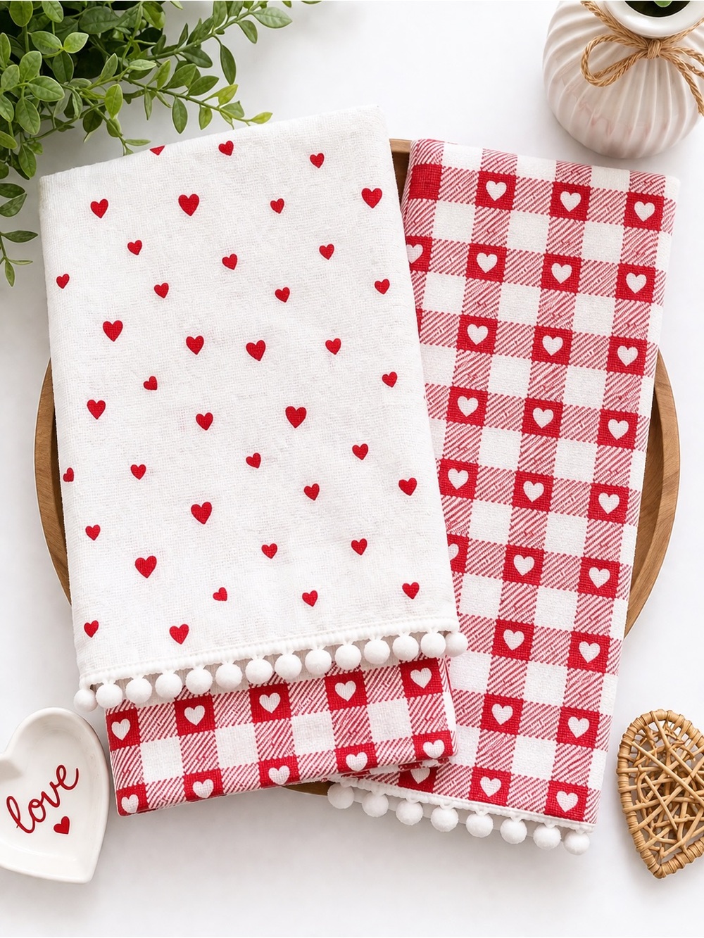Celebrate Together Heart Gingham Kitchen Towels Set Red White Cotton